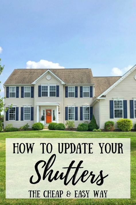 How To Update Your Shutters - The Cheap Shutter Exterior Colors, What Color Shutters For A White House, Shudders Vs No Shudders, Light Yellow House With Shutters, Update Shutters On House, Shutters Before And After, Alternative To Shutters Exterior, Beige House Shutter Colors, Beige House With Shutters