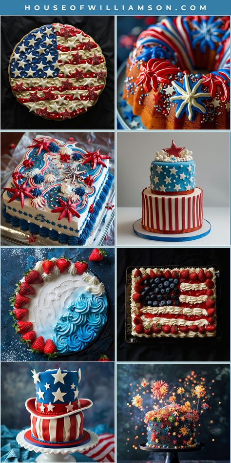 Looking for a beautiful idea for your 4th of July cake? Check out this Independence Day themed masterpiece! It's full of pretty red, white and blue colors and has edible decorations made from fruit, fondant, and buttercream. Perfect for making your  4th of July gathering extra pretty! 4th Of July Cake Decorating, 4th Of July Cake Ideas, Turquoise Cake, Americana Food, Fireworks Cake, Striped Cake, Edible Decorations, Flag Cake, American Cake