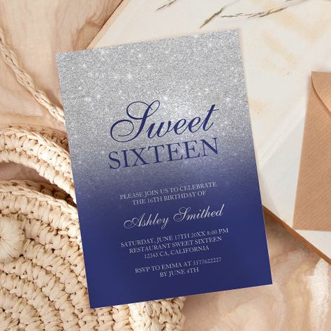 Chic Silver Glitter Navy Blue Elegant Sweet 16 Invitation #zazzle #weddinginvitations #birthdayinvitations #babyshowerinvitations #zazzleinvitations #monogram #businesscards #graduation #homedecor Blue And Silver Sweet 16, Sweet 16 Invitations Blue, Elegant Sweet 16, Blue Sweet 16, Elegant Birthday Invitations, 16 Invitations, Silver Invitation, 16th Birthday Invitations, Blue Invitation