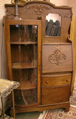 Furniture: Secretary; Victorian, Golden Oak, Curved-Glass Door, Slant-Lid Desk, Beveled Mirror. Oak Secretary Desk, Secretary Desk With Hutch, Vintage Secretary Desk, Antique Secretary Desks, Antique Secretary, Antique Oak Furniture, Painting Wooden Furniture, White Furniture Living Room, Secretary Desk