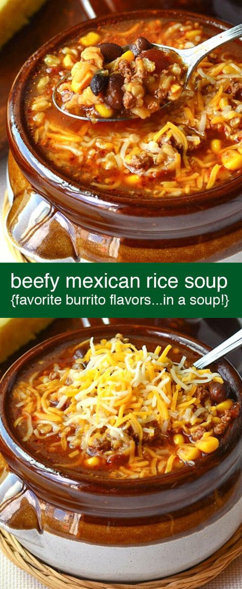 Leftover Taco Meat Recipes Soup, Spicy Beef Soup Recipes, Hamburger Rice Soup Recipe, Beefy Mexican Rice Soup, Easy Rice Soup Recipes, Soup Recipes Hamburger Meat, Mexican Rice Soup Recipe, Leftover Taco Meat Soup, Soups With Rice In Them