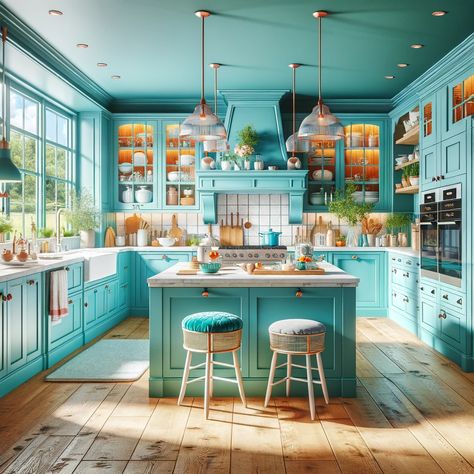 turquoise farmhouse kitchen cabinets Best Cabinet Colors, Turquoise Kitchen Cabinets, Teal Kitchen Cabinets, Purple Cabinets, Turquoise Cabinets, Aqua Kitchen, Red Cabinets, Yellow Cabinets, Colorful Backsplash