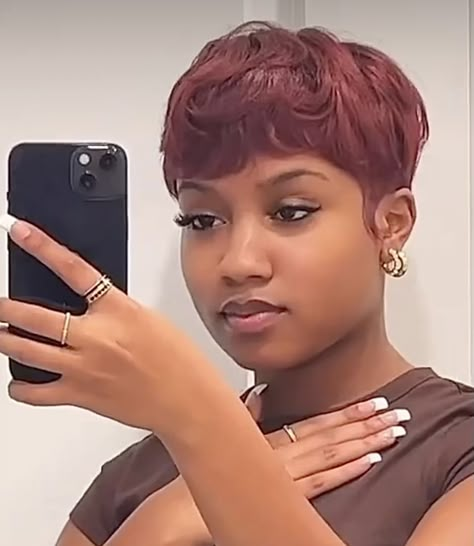 Red Pixie Cut On Black Women, Burgundy Pixie Cut Black Women, Red Pixie Haircut Black Women, Mushroom Haircut Black Women, Ginger Pixie Haircut Black Women, Mushroom Cut Black Women, Short Haircut Black Women, 90s Pixie Cut Black Women, 27 Piece Quick Weave Hairstyles