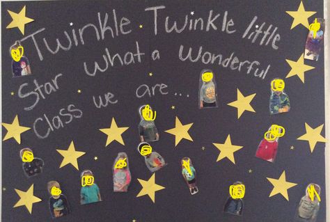 Twinkle twinkle little star bulletin board. ✨#twinkletwinklelittlestar #bulletinboards #bulletinboardideas #toddler Nursery Rhymes Bulletin Boards Ideas, Constellation Bulletin Board, Nursery Rhyme Bulletin Boards, Twinkle Twinkle Little Star Activities, Star Classroom Theme, Nursery Display Boards, Shine Theme, Star Themed Classroom, Star Bulletin Boards