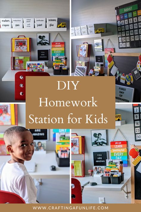 Colorful workspace for kids who are learning from home this year due to the pandemic. This set up is also perfect for students who need a space to complete homework after returning home from traditional school. Great for elementary students and older children. The shelf, bins and desk are from Ikea. The labels were made using Cricut Explore machine. Homework Station For Kids, Homework Corner, Diy Homework Station, Kids Art Station, Kids Desk Area, Kids Homework Station, Homework Space, Homework Area, Diy Office Organization