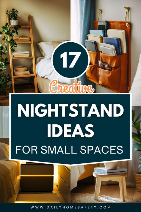 Get inspired with these 17 clever nightstand ideas for small spaces. From floating shelves to multi-functional furniture, maximize your space with these creative solutions. Floating Shelves As Bedside Tables, Wall Shelves Instead Of Nightstand, Fold Down Nightstand, Not Matching Nightstands, No Bedside Table Space, Nightstand With Shelf, Nightstand Desk Combo, Nightstand Ideas For Small Spaces, Cool Night Stands