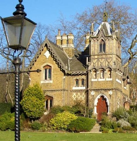 Styles in Domestic Architecture Old Village House Design, House With A Tower, Old Village House, Holly Village, Unusual Houses, English Houses, Holly House, Neo Gothic, British Architecture