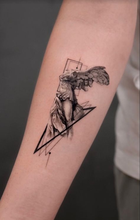 geometric composition tattoo Winged Victory Of Samothrace Tattoo, Winged Victory Tattoo, Composition Tattoo, Victory Tattoo, Winged Victory, Geometric Composition, New Tattoo Designs, Small Tattoos For Guys, Tattoo Inspo