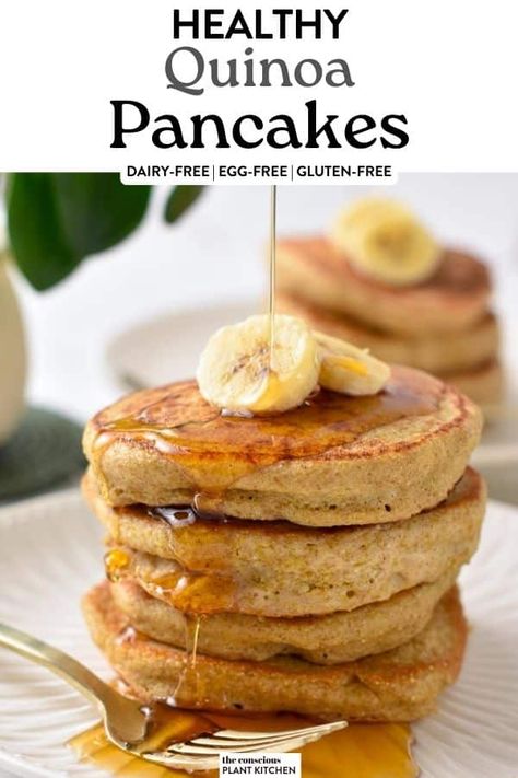 These quinoa pancakes are light, fluffy vegan pancakes made from uncooked quinoa. It's the easiest healthy pancake recipe for a vegan gluten-free breakfast naturally packed with proteins from quinoa. Gut Healthy Pancakes, Flax Seed Pancakes Easy, Overnight Oatmeal Pancakes, Vegan Breakfast Quinoa, Light Vegan Breakfast, On The Go Vegan Breakfast, Quinoa Rice Pudding, Gf Vegan Pancakes, Healthy Vegan Pancake Recipes