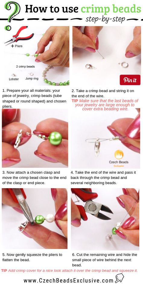 How to Use Crimp Beads - Shape, Tools, Size Chart |SAVE it!| www.CzechBeadsExclusive.com #czechbeadsexcluisve #czechbeads Beaded Jewelry Patterns Tutorials Simplebeadpatterns, Jewelry Findings Guide, Making Jewelry For Beginners, Diy Jewelry Making Tutorials, Jewelry Tips, Easy Jewelry, Crimp Beads, Handmade Jewelry Tutorials, Diy Wire Jewelry