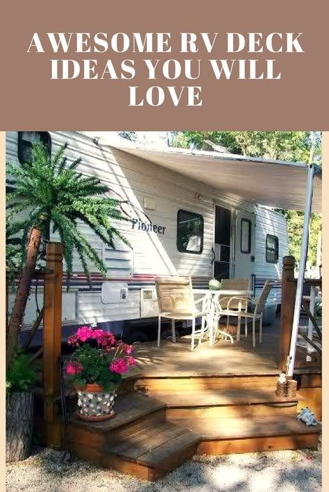 Deck Ideas For Campers, Rv Deck Ideas, Rv Deck, Campsite Decorating, Trailer Deck, Deck Design Ideas, Build A Deck, Laying Decking, Lake Ideas