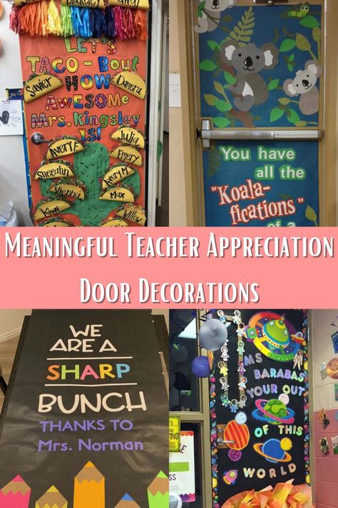 49 Meaningful Teacher Appreciation Door Decorations - PinkPopDesign Teacher Appreciation Week Door, Teacher Appreciation Door, Teacher Appreciation Door Decorations, Teacher Appreciation Poster, Teacher Appreciation Week Themes, Teacher Appreciation Signs, Counselor Appreciation, 6th Grade Activities, Teacher Door Decorations