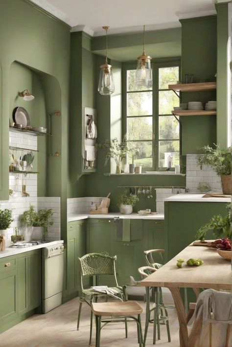 kitchen wall paint, best wall paint, interior wall paint, trendy wall colors Kitchen Walls White Cabinets, Green Kitchen Walls White Cabinets, Green Kitchen Walls, Light Oak Floors, Green Painted Walls, Sage Green Kitchen, Green Kitchen Cabinets, Kitchen Walls, Green Cabinets