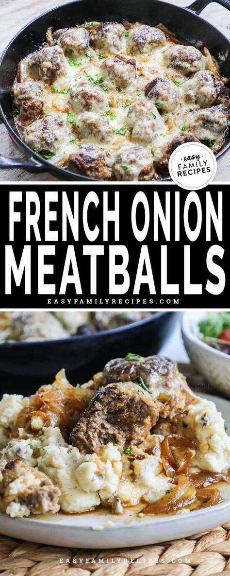 French Onion Recipes Beef, Easy Dinner Recipes With Ground Beef Mashed Potatoes, Mash Potatoes And Meatballs, What To Cook With Meatballs, Dishes To Make With Ground Beef, Easy Dinner With Ground Sausage, French Onion Beef Meatballs, Ground Beef Recipes Easy Skillet, Recipes Using Meatballs Dinners