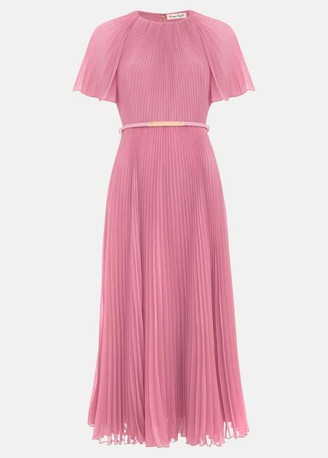 Pleated Material Dress, Wedding Guest Outfit Elegant, Wedding Guest Dress Pink, Plain Midi Dress, Gala Outfits, Midi Dres, Fluted Sleeves, Met Gala Outfits, Mom Ideas