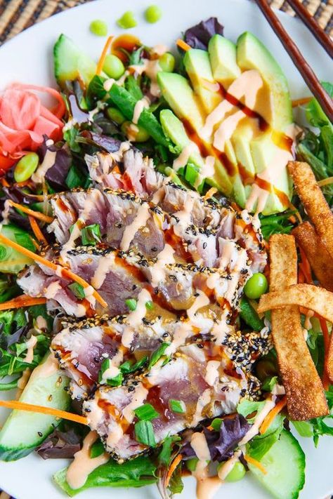 Wasabi Vinaigrette, Ahi Tuna Steak Recipe, Seared Tuna Salad, Ahi Tuna Recipe, Ahi Tuna Salad, Seared Ahi Tuna, Ahi Tuna Steak, Sushi Salad, Tuna Steak Recipes