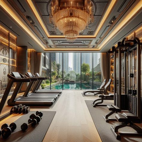 Make your home gym a luxury retreat with advanced fitness machines and elegant interior design. Get inspired to create your own! #LuxuryRetreat #HomeFitness #ElegantDesign #AdvancedEquipment #WorkoutInStyle Home Gym Interior Design, Home Gym Design Luxury, Gym Designs, Future Mansion, Luxury Home Gym, Fitness Machines, Luxury Gym, Gym Interior, Mansion Designs