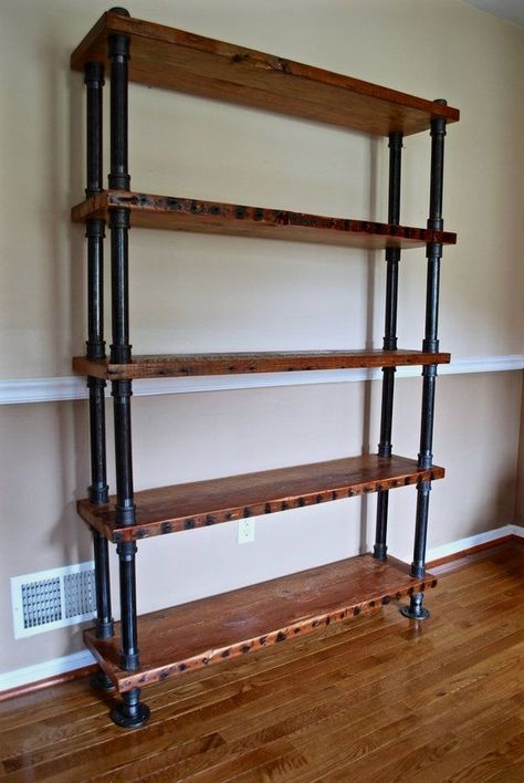 Pipe Bookshelf, Bookshelf Wood, Reclaimed Wood Bookcase, Rustic Bookshelf, Diy Bookshelf, Garage Shelves, Wood Bookshelf, Industrial Pipe Shelves, Laundry Room Shelves