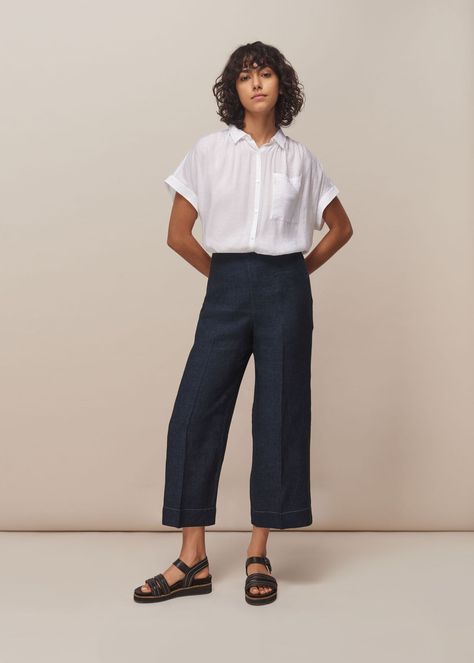 Navy Linen Pants Outfit, Navy Trousers Outfit, Blue Linen Pants Outfit, Linen Trousers Outfit, Navy Linen Pants, Blue Linen Shirt, Linen Pants Outfit, Cropped Linen Trousers, Cropped Trouser