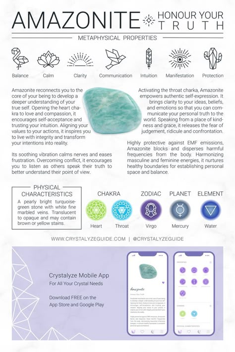 Enhance your crystal practice 📲 𝐃𝐨𝐰𝐧𝐥𝐨𝐚𝐝 𝐨𝐮𝐫 𝐅𝐑𝐄𝐄 𝐂𝐫𝐲𝐬𝐭𝐚𝐥𝐲𝐳𝐞 𝐀𝐩𝐩 on the App Store & Google Play. #Amazonite #Crystals #HealingCrystals Amazonite Meaning, Charmed Book Of Shadows, Love And Compassion, Crystal Guide, Diy Dollar Tree Decor, Crystals Healing Properties, Crystal Therapy, Crystal Healing Stones, Crystal Geode