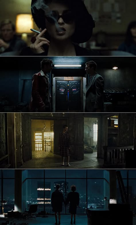 Fight Club (1999) | Cinematography by Jeff Cronenweth | Directed by David Fincher | Starring: Edward Norton, Brad Pitt, Helena Bonham Carter Dark Cinematography, Film Composition, Cinematography Composition, Cinematography Lighting, Beautiful Cinematography, Filmmaking Inspiration, Filmmaking Cinematography, Cinema Colours, Best Cinematography