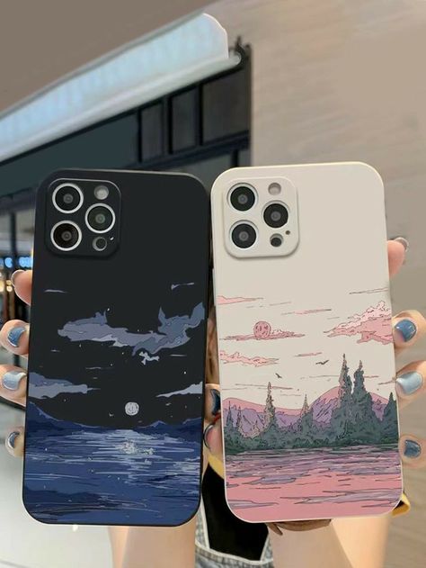 Phonecase Painting Idea, Phone Case Backgrounds, Phone Case Painting Ideas, Aesthetic Phone Case Design, Custom Phone Cases Diy, Couple Landscape, Phonecase Ideas, Phone Case Painting, Phone Cases Aesthetic