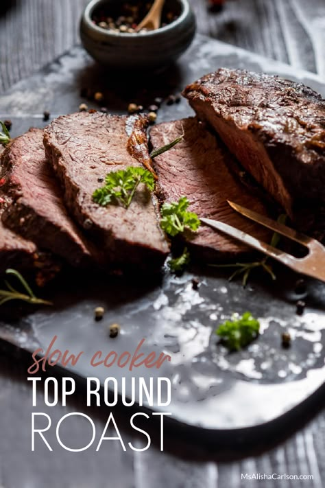 Slow Cooker Top Round Roast is easy to make and delicious! Your kids may require a side of ketchup as all kids do, but the whole family will love it! Slow Cooker Inside Round Roast, Crock Pot Top Round Roast, Beef Top Round Roast Recipes Slow Cooker, Slow Cooker Top Round Roast, Top Round Crock Pot Recipes, Crockpot Top Round Roast Slow Cooker, Top Round Roast Recipes Crock Pot Easy, Top Round Roast Crock Pot, Top Round Roast Recipes Crockpot