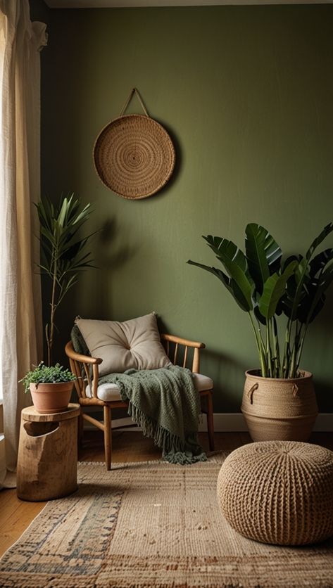 Embrace the tranquility of nature indoors with this stunning brown and green living room aesthetic. This space beautifully combines earth tones creating a serene and inviting atmosphere. Notice the deep green walls providing a rich backdrop, complemented by the warm, natural brown hues of the furniture and decor. The woven rug and pouf add texture and a touch of rustic charm, while the wooden armchair and side table bring in organic elements.  This brown and green living room decor seamlessly blends design and comfort, showcasing how a well-chosen color scheme can transform a space. The natural light filtering through the curtains highlights the lush greenery and the room's overall aesthetic. Get inspired with these brown and green living room ideas and create your ✨💚🤎 Green Living Room Decorating Ideas, Green Living Room Aesthetic, Deep Green Walls, Brown And Green Living Room, Green Living Room Ideas, Green Living Room Decor, Earthy Aesthetic, Living Room Aesthetic, Organic Elements