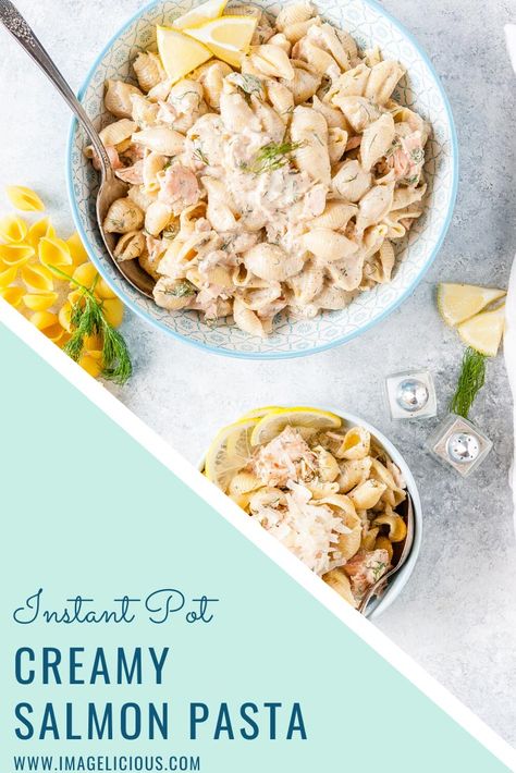 Instant Pot Creamy Salmon Pasta is really easy and quick to make. It is delicious and great alternative to chicken pasta dishes. It's great to make when you have no time to buy fresh ingredients as it uses frozen salmon and ingredients from a fridge and pantry. 30-minute meal | imagelicious.com Salmon Filet Recipe, Instant Pot Salmon, Creamy Seafood Pasta, Tuscan Salmon Recipe, Creamy Salmon Pasta, Salmon Pasta Recipes, Instapot Meals, Creamy Salmon, Creamy Vegan Pasta