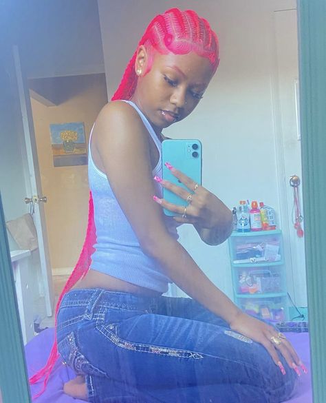 Pink Cornrows, Red Natural Hairstyles, Pink French Braids, Pink Hair Braids, Dark Pink Braids, Pink Feed In Braids, Pink Fulani Braids, Pink Stitch Braids, Red Feed In Braids