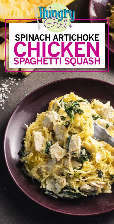 Healthy Spaghetti Squash Recipes, Spaghetti Squash Recipes Healthy, Healthy Spaghetti, Spinach Artichoke Chicken, Hungry Girl Recipes, Artichoke Chicken, Artichoke Recipes, Chicken Spaghetti Squash, Spaghetti Squash Recipes