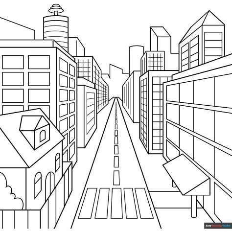 Free Easy City in One Point Perspective Coloring Page for Kids One Point Perspective Drawing Easy, Modern City Drawing, City Drawing Easy, Perspective Pictures, Easy Drawing Guides, Free Printable Coloring Sheets, Drawing Guides, One Point Perspective, City Drawing