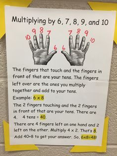 Multiplication strategy using the finger trick Social Emotional Learning Middle School, Maths Hacks, Math Interventionist, Math Conversions, Substitute Teacher Ideas, Learning Tricks, Home Sweet Homeschool, Elementary Math Lessons, Multiplication Tricks