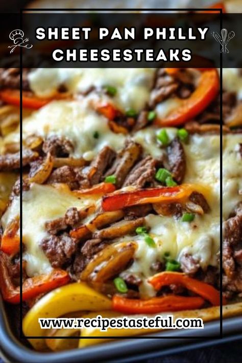 Enjoy these easy-to-make Sheet Pan Philly Cheesesteaks, featuring tender beef, colorful vegetables, and melted Swiss cheese, all cooked on one tray for minimal cleanup. Perfect for a hearty family dinner! Philly Cheesesteaks, Swiss Recipes, Philly Cheese Steak Recipe, Pan Dinners, Colorful Vegetables, Philly Cheesesteak, Tender Beef, Delicious Sandwiches, Quick Weeknight Meals