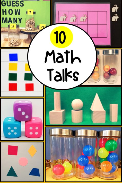 There are 8 pictures in the pin.  Each shows an idea for a kindergarten math talk or activity.  Including, jars with different number of balls and apples, 3D shapes, dice, felt shapes, square tiles and a ten frame with wooden figures on it. Teaching Math To Kindergarteners, Math Enrichment Kindergarten, Hands On Math Kindergarten, Math Concepts For Kindergarten, Number Provocations Kindergarten, I Ready Math Kindergarten, Kathy Richardson Math Kindergarten, Math Art Kindergarten, Prek Math Activities Whole Group