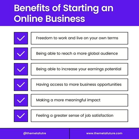 Benefits of Online Businesses 🚀 Benefits of Starting Online Businesses > Freedom > Global Audience > Increase Revenue > More Opportunities > Greater Satisfactions #business #online #business #marketing #socialmedia #themetafuture #businessgrowth #onlinebusiness #localonlinebusiness #seo #sem #marketing #digitalmarketing #digitalagency #marketingagency Sem Marketing, Start Online Business, Job Satisfaction, Online Business Marketing, Business Online, Business Opportunities, Business Growth, Marketing Agency, Business Marketing