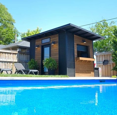 Pool Equipment Sheds | Backyard Escape Studios Shed With Bar, Small Pool Cabana, Pool Shed Ideas, Backyard Bar Shed, Pool Sheds, Cabana Bar, Pool Side Bar, Backyard Escape, Pool Cabanas