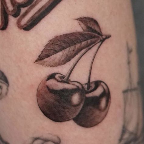 Black Cherries Tattoo, Realism Fruit Tattoo, Cherry Flash Tattoo, Poppop Tattoo, Cherries Tattoos, Small Realism Tattoo Ideas, Cherry Tattoo Black And White, Small Fruit Tattoos, Black Cherry Tattoo