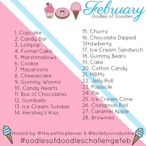 February 2018 Doodle Challenge Prompts List Doodle Challenge, 30 Day Art Challenge, Art Journal Challenge, 30 Day Drawing Challenge, Sketches Doodles, Journal Challenge, Drawing Ideas List, Art Sketches Doodles, Drawing Cartoon Characters