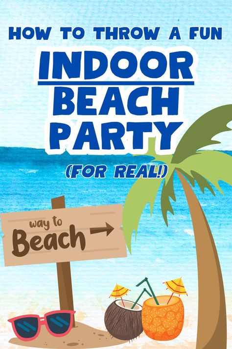 Need a fun at-home party theme or sleepover ideas for kids? Huge list of beach party theme names, indoor beach party games and sleepover activities, DIY indoor beach party decorations and beach party food ideas. These work for indoor beach party kids ideas or fun indoor beach party ideas for adults. Great for indoor beach day for kids! (INCLUDES BACKYARD BEACH PARTY IDEAS TOO!) #beachparty #indoorparty #summerthemes #sleepoverparty #partiesathome Beach Party Ideas For Adults, Beach Party For Kids, Indoor Beach Party, Kids Luau Parties, Beach Games For Adults, Beach Party Theme, Backyard Beach Party, Beach Party Ideas, Luau Party Games