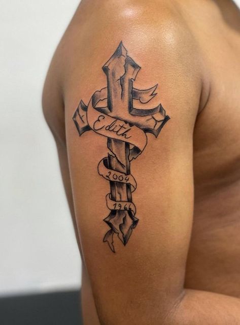 Cross Necklace Tattoo, Wooden Cross Tattoos, Back Cross Tattoos, Shoulder Piece Tattoo, Upper Shoulder Tattoo, Cross Shoulder Tattoos, Unique Cross Tattoos, Small Chest Tattoos, Verse Tattoos