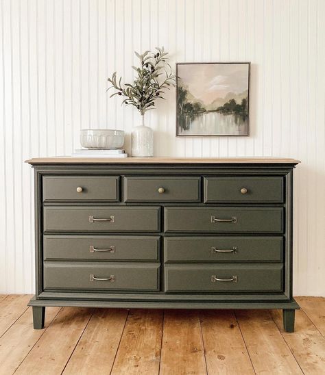 Sierra Dudley • Restless & Refurbished on Instagram: “S O L D • I’m a huge fan of green, all the green tones, and most the shades it comes in!! But if you asked me what my very favorite shade…” Moss Green Nightstand, Sage Green Dresser Gold Hardware, Dark Green Dresser Diy, Green Dresser In Bedroom, Stained Top Dresser, Two Tone Green Dresser, Dark Green Dresser Makeover, Refurbished Wood Dresser, Deep Green Dresser