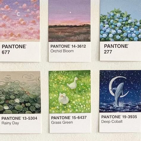 Dory | bigbluetang on Instagram: "Pantone Challenge 2023 recap ✨ it’s been a few days since finishing this 30 day challenge, and I’m already starting to feel withdrawals! this was a huge time of exploration and creativity for me… I learned so much, felt so much, and spent a few days reflecting on the whole experience. here are just a few of my fav moments: → I’m proud of myself for the days I felt brave enough to listen to my creative voice, try new ideas, and play with colours I never felt c Drawing On Paint Samples, Pantone Postcard Challenge, Pantone Painting Ideas, Painting On Paint Samples, Painting On Pantone Cards, Pantone Challenge Gouache, Pantone Challenge Ideas, Pantone Painting Challenge, Pantone Card Painting