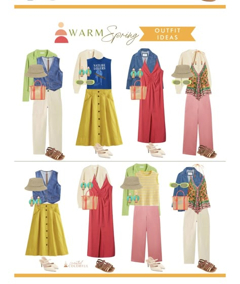 True Spring Outfits Aesthetic, Warm Spring Capsule Wardrobe, True Spring Color Palette Outfits, Warm Spring Color Palette Outfits, Spring Color Palette Outfits, True Spring Outfits, Bright Spring Outfits, Spring Season Outfit, Warm Spring Palette