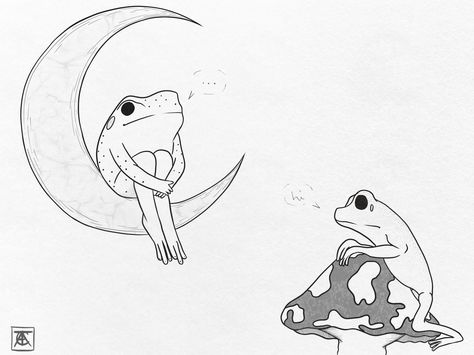 Frog And Moon Tattoo, Sitting Frog Tattoo, Frog Couple Tattoo, Two Frogs Tattoo, Frog Sitting Drawing, Chibi Practice, Frog Tattoo Ideas, Frog Bathroom, People With Tattoos