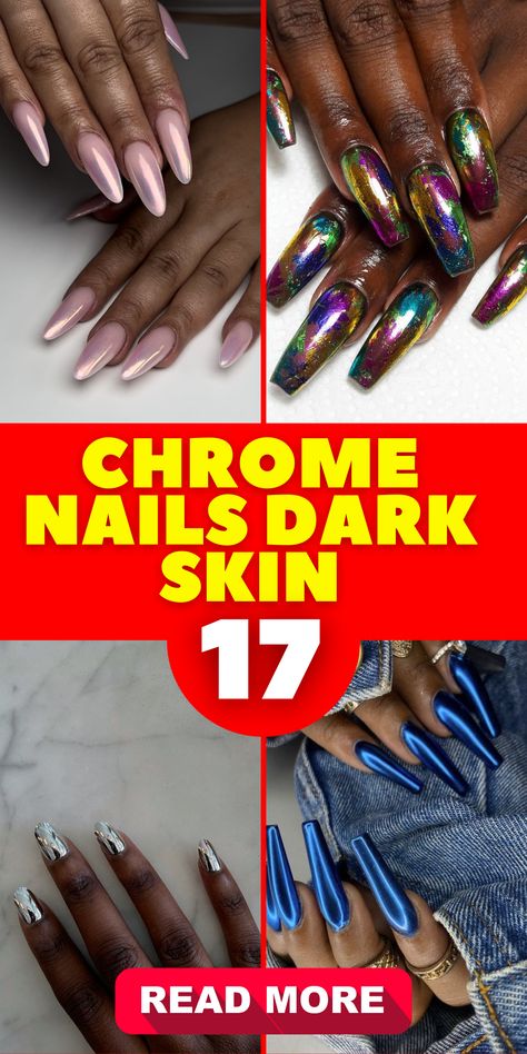 Enhance your natural beauty with stunning chrome nails for dark skin. Whether you prefer short or long nails, these chic designs will complement your skin tone beautifully. Experiment with captivating colors like pink, white, brown, purple, and red in a gorgeous chrome finish. Add a touch of glamour with silver or black accents, or opt for a subtle pearl effect. These chrome nails for dark skin will make a stylish statement in 2023. Nail Ideas For Dark Skin, Chrome Nail Ideas, Chrome Nail Colors, Ombre Chrome Nails, Metallic Nails Design, Gold Chrome Nails, Chrome Nail Polish, Chrome Nail Art, Chrome Nails Designs