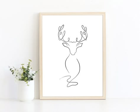 Reindeer Line Drawing, Winter Line Art, Deer Line Drawing, Deer Line Art, Reindeer Tattoo, Baby Deer Art, Deer Outline, Christmas Line Art, Deer Head Tattoo