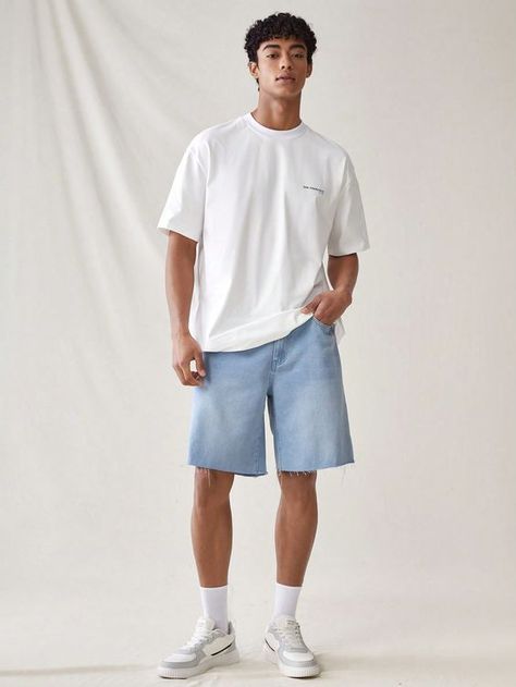 23 Ideas for Styling Mens Denim Shorts: Price, Outfits, and Street Style Straight Leg Shorts, Summer Wear Men Street Styles, Light Denim Shorts Outfit, Men’s Fashion Shorts, Mens Trendy Outfits Summer, Outfits Con Short Hombre, Short Jeans Outfit Men, Jeans Shorts Outfit Men, Short Jeans Outfit