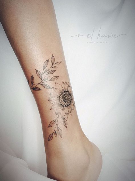 Sunflower Band Tattoo Design, Sunflower Wrap Tattoo, Sunflower Tattoo With Vines, Sunflower Vine Wrap Around Tattoo, Sunflower Wrist Wrap Tattoo, Sunflower Wrist Tattoo Bracelet, Sunflower Anklet Tattoo, Sunflower Book Tattoo, Sunflower Tattoo Wrap Around Arm