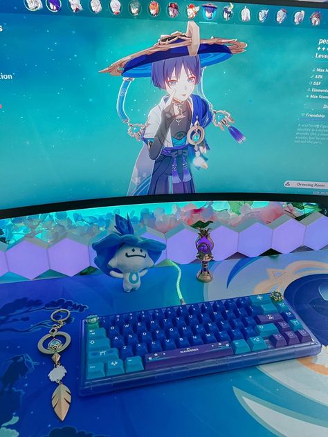 Scaramouche Wanderer, Laptop Decoration, Dream Desk, Pc Gaming Setup, Kawaii Bunny, Bedroom Setup, Anime Room, Pc Setup, Game Room Design